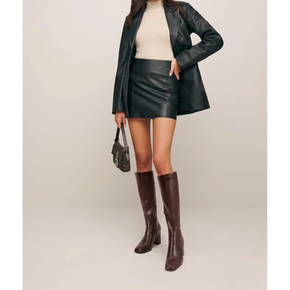 Women's Dark Brown Faux Leather Fashion Square Toe Chunky Heel Knee High Boots
